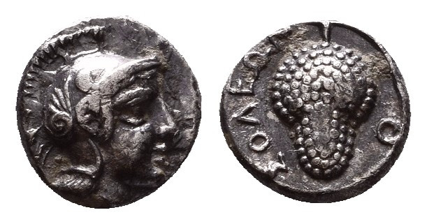 Cilicia. Soloi 410-375 BC.Obol AR

Helmeted head of Athena right / Grape bunch...