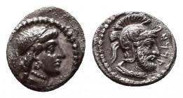 CILICIA, Tarsos. Datames, Satrap of Cilicia and Cappadocia. 384-362 BC. AR Obol . Struck 378-372 BC. Female bust right, wearing loop earring and neckl...