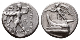 Macedonian Kingdom. Demetrios I Poliorketes. 306-283 B.C. AR drachm. Tarsos, ca. 298-295 B.C. Nike atop prow of galley left, blowing trumpet and cradl...