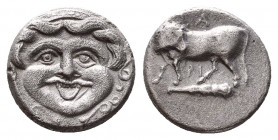 MYSIA, Parion. 4th century BC. AR Hemidrachm. Gorgoneion / ΠA–PI, bull standing left, head right; above, dolphin right. SNG France –; SNG von Aulock –...