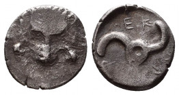 Dynasts of Lycia, Perikles AR Third Stater. Circa 380-360 BC. Facing lion's scalp / Triskeles; Legend around. SNG Copenhagen -; SNG v. Aulock -; Cf. S...