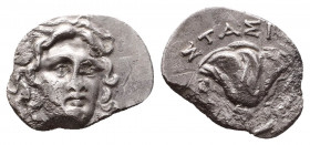 Islands of Karia. Rhodes AR Drachm. Rhodos, circa 205-190 BC. Stasion, magistrate. Head of Helios facing slightly right / Rose with bud to right; to l...
