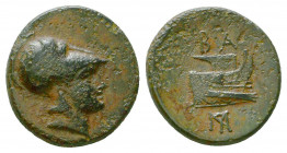 Macedonian Kingdom. Demetrios I Poliorketes. 306-283 B.C. AE), 306-283 B.C. Head of Athena right in crested Corinthian helmet / B A, prow right;

Co...