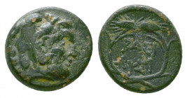 KINGS OF THRACE. Lysimachus. Ae (323-281 BC).
Obv: Head of Herakles right, wearing lion's skin headress.
Rev: ΒΑΣΙ / ΛΥΣΙ.
Legend within grain ear ...