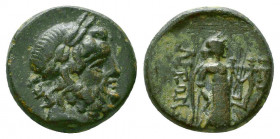 CARIA. Harpasa. Ae (2nd century BC).
Obv: Laureate head of Zeus right.
Rev: APΠAΣH / NΩN.
Apollo standing right, holding lyre; uncertain object (he...