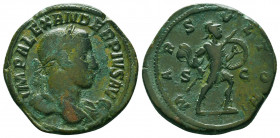 Roman Imperial Coins.
Severus Alexander. A.D. 222-235. AE sestertius . Rome mint, struck A.D. 232. IMP ALEXANDER PIVS AVG, laureate, draped, and cuir...