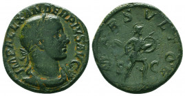 Roman Imperial Coins.
Severus Alexander. A.D. 222-235. AE sestertius . Rome mint, struck A.D. 232. IMP ALEXANDER PIVS AVG, laureate, draped, and cuir...