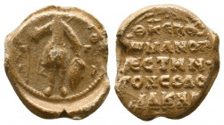 Byzantine lead seal of Romanos Solomakes vestes
(ca 11th cent.)

Obverse: Saint martyr George standing facial, nimbate, in military garments, holdi...