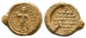 Byzantine lead seal of Constantinos, proedros of Madytos
(11th cent.).

Obverse: Saint martyr Theodore stratelates standing facial and nimbate, wea...