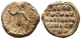 Byzantine seal of Basileios sebastos
(12th cent.)

Obverse: Saint martyr Theodore standing facial and nimbate, wearing military garments, holding s...