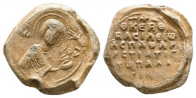 Byzantine seal of Basileios Palatinos,
protospatharios and strategos
(11th cent.)

Obverse: Bust of the Mother of God nimbate, in profile to right...