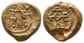 Byzantine lead seal of Petros tribounos
(7th/8th cent.)
Obverse: Cruciform invocative monogram, ΘΕΟΤΟΚΕ ΒΟΗΘEI = Θεοτόκε, βοήθει (Mother of God, hel...