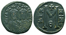 Byzantine Coins, 7th - 13th Centuries
Michael II, the Armorian. 820-829. AE follis. Constantinople mint. mIXAHL S ΘЄOFILOS, facing busts of Michael o...