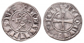 Crusaders Coins AR, Circa 1095 - 1271 AD,
Bohemond III or IV, Denier, ‘helmet’ type, class J, BOAIIVIIDVS, helmeted bust left,dot in fields, rev AI...