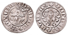 ARMENIA, Cilician Armenia. Royal . Oshin. 1308-1320. AR Tram. Coronation issue. Oshin seated facing on throne decorated with lions, holding cross and ...