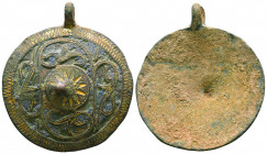 Ancient Roman Beautiful Glass inlaid and gold plated Pendant , 
Circa 1st - 2nd century A.D,

Condition: Very Fine

Weight: 24.0 gr
Diameter: 54...