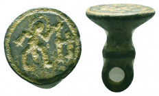 Ancient Byzantine Bronze very interesting stamp seal

Condition: Very Fine

Weight: 6.1 gr
Diameter: 19 mm
