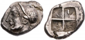 IONIEN PHOKAIA
 AR-Diobol 510-494 v. Chr. Vs.: Nymphenkopf mit lydischer Kappe mit Querband n. l., Rs.: viergeteiltes quadratum incusum SNG v. Aulock...