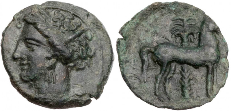 ZEUGITANIEN KARTHAGO
 AEs 400-350 v. Chr. Vs.: Kopf der Tanit mit Ährenkranz n....