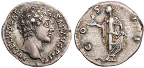 RÖMISCHE KAISERZEIT
Marcus Aurelius als Caesar, 139-161 n. Chr. AR-Denar 145-147 n. Chr. Rom Vs.: AVRELIVS CAE-SAR AVG PII F, Kopf n. r., Rs.: CO-S I...