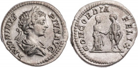 RÖMISCHE KAISERZEIT
Caracalla, 198-217 n. Chr. AR-Denar 202 n. Chr. Rom Vs.: ANTONINVS PIVS AVG, drapierte Büste mit Lorbeerkranz n. r., Rs.: CONCORD...