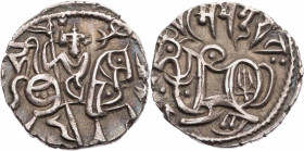 SHAHIS VON KABUL UND GANDHARA
Samanta Deva, um 870-1008. AR-Dirhem Ohind Vs.: Reiter mit Lanze n. r., links oben Brahmi-Letter di, Rs.: Zebu mit Punk...