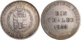 HESSEN HESSEN-KASSEL, LANDGRAFSCHAFT, SEIT 1803 KURFÜRSTENTUM
Wilhelm II. und Friedrich Wilhelm, 1832-1847. Taler 1833 AKS 46; J. 32; Thun 184. s-ss