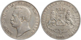 HESSEN HESSEN-DARMSTADT, LANDGRAFSCHAFT, SEIT 1806 GROSSHERZOGTUM
Ludwig III., 1848-1877. Vereinstaler 1869 AKS 120; J. 59; Thun 200. Randfehler, ss