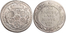 KÖLN ERZBISTUM
Clemens August von Bayern, 1723-1761. 20 Kreuzer 1735 Vs.: Kartusche mit 7 ovalen Wappen unter Kurhut, besteckt mit Krummstab und Schw...