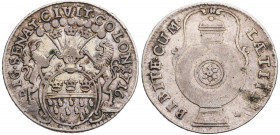 KÖLN STADT
 Ratszeichen 1716 Vs.: behelmter Stadtschild, von Greif und Löwe gehalten, Rs.: große Pilgerflasche, darauf mittig sechsblättrige Rosette ...