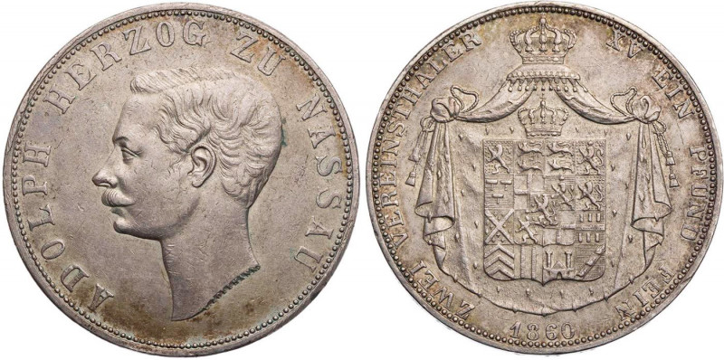 NASSAU HERZOGTUM
Adolph, 1839-1866. Doppelter Vereinstaler 1860 AKS 61; J. 61; ...