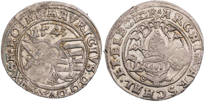 SACHSEN SACHSEN, KURFÜRSTENTUM
Moritz, 1547-1553. 1/4 Taler 1548 Mzz. Stern, Fr...