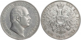 SCHWARZBURG SCHWARZBURG-RUDOLSTADT, GRAFSCHAFT, SEIT 1711 FÜRSTENTUM
Friedrich Günther, 1807-1867. Vereinstaler 1862 AKS 12; J. 54; Thun 395. leicht ...