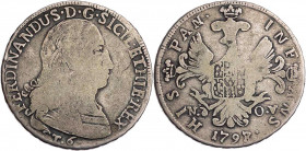 ITALIEN SIZILIEN
Ferdinand III., 1759-1816. 6 Tari 1798 Palermo Vs.: Brustbild n. r., Rs: Adler auf verziertem Kreuz Spahr 46. 13.16 g. s