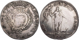 MALTA JOHANNITERORDEN
Emmanuel Pinto, 1741-1773. 30 Tari 1761 Valetta Vs.: bekröntes Wappen, Rs.: Johannes der Täufer steht mit Fahne v. v., rechts L...