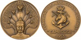 VERKEHRSWESEN SCHIFFAHRT
Frankreich Bronzemedaille 1953 v. Roger B. Baron, bei Monnaie de Paris Auf die "Cambodge", Vs.: Büste des Buddha vor Schlang...