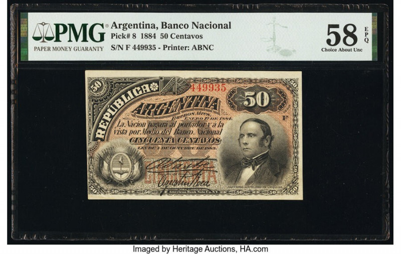 Argentina Banco Nacional 50 Centavos 1884 Pick 8 PMG Choice About Unc 58 EPQ. 

...