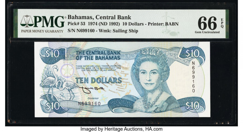 Bahamas Central Bank 10 Dollars 1974 (ND 1992) Pick 53 PMG Gem Uncirculated 66 E...