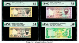Bahrain Currency Board 100 Fils (2); 1/2 Dinar 1964 Pick 1a (2); 3a Three Examples PMG Gem Uncirculated 66 EPQ; Choice Uncirculated 64 EPQ; Choice Abo...