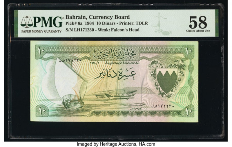 Bahrain Currency Board 10 Dinars 1964 Pick 6a PMG Choice About Unc 58. 

HID0980...