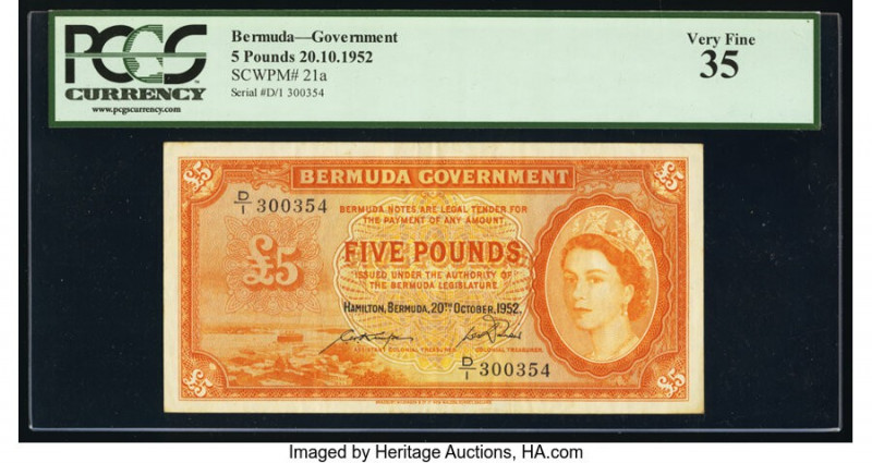 Bermuda Bermuda Government 5 Pounds 20.10.1952 Pick 21a PCGS Very Fine 35. 

HID...