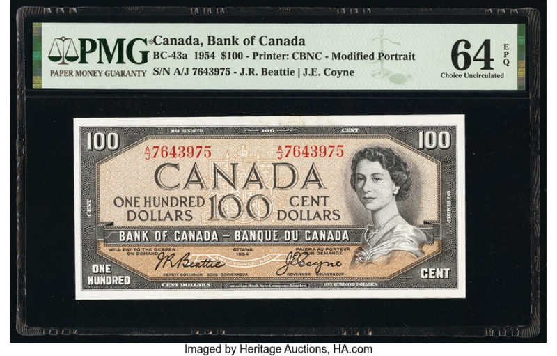 Canada Bank of Canada $100 1954 Pick 82a BC-43a PMG Choice Uncirculated 64 EPQ. ...