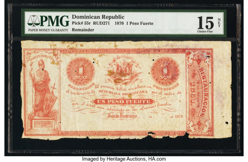 Dominican Republic Treasury 1 Peso Fuerte 1870 Pick 55r Remainder PMG Choice Fin...