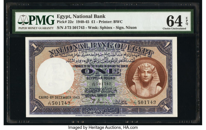 Egypt National Bank of Egypt 1 Pound 6.12.1943 Pick 22c PMG Choice Uncirculated ...