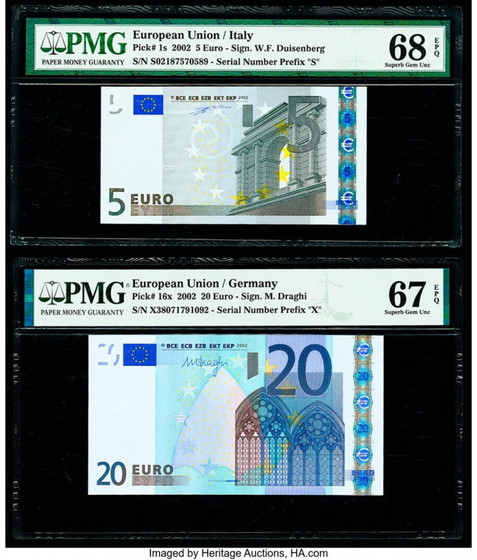 European Union Central Bank, Italy; Germany 5; 20 Euro 2002 Pick 1s; 16x Two Exa...