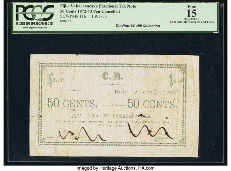 Fiji Vakacavacava Fractional Tax Note 50 Cents 1.9.1873 PCGS Apparent Fine 15 Ap...