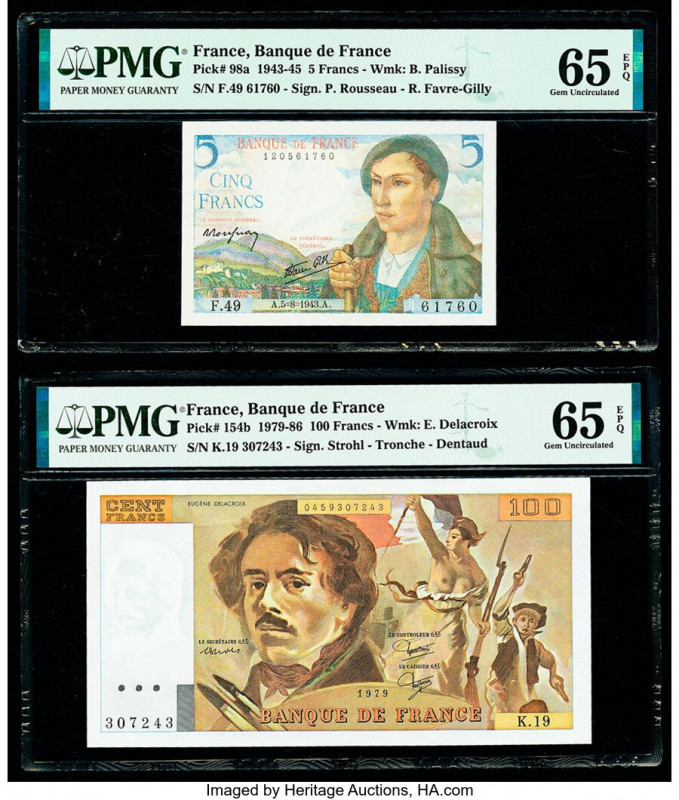 France Banque de France 5; 100 Francs 5.8.1943; 1979 Pick 98a; 154b Two Examples...
