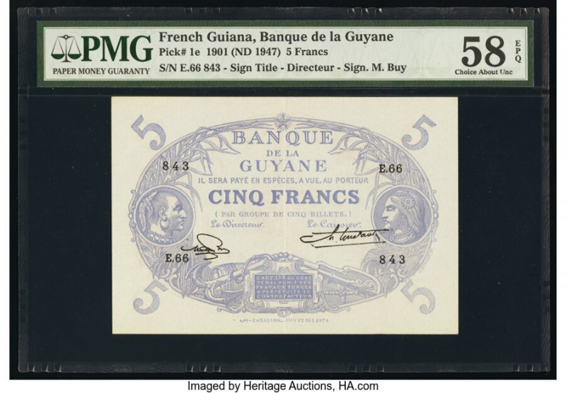 French Guiana Banque de la Guyane 5 Francs 1901 (ND 1947) 1947 Pick 1e PMG Choic...