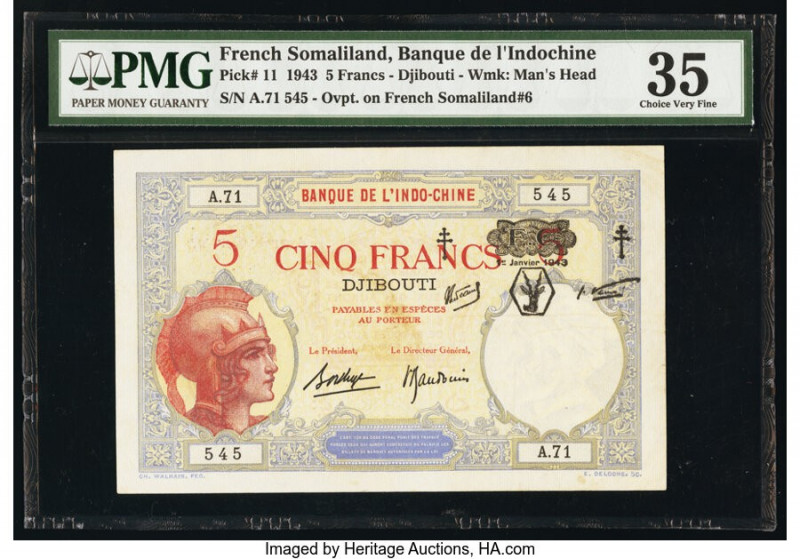 French Somaliland Banque de l'Indochine, Djibouti 5 Francs 1.1.1943 Pick 11 PMG ...