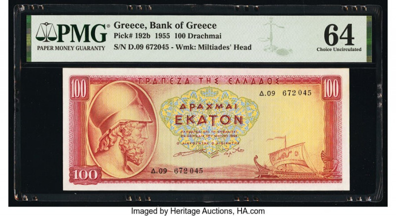 Greece Bank of Greece 100 Drachmai 1955 Pick 192b PMG Choice Uncirculated 64. 

...